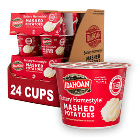 Idahoan Buttery Homestyle Mashed Potatoes Cup front view shows convenient single-serve portions