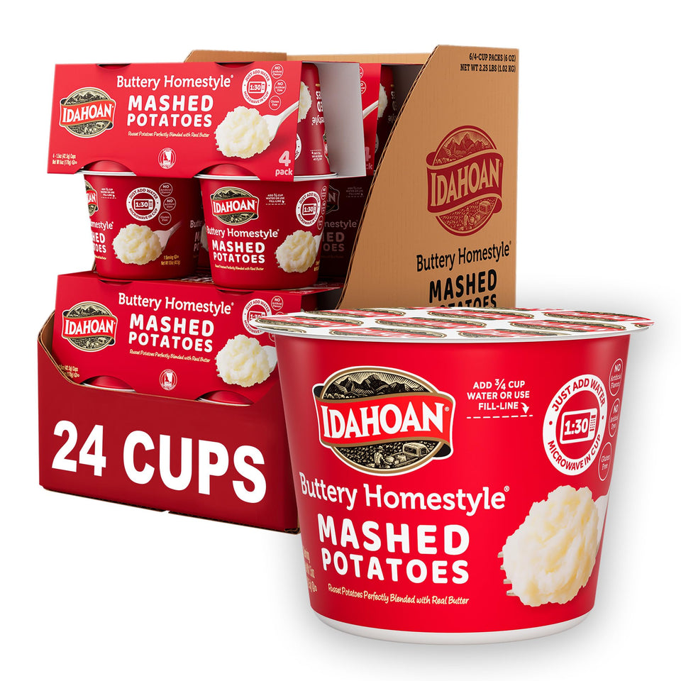 Idahoan Buttery Homestyle Mashed Potatoes Cup front view shows convenient single-serve portions