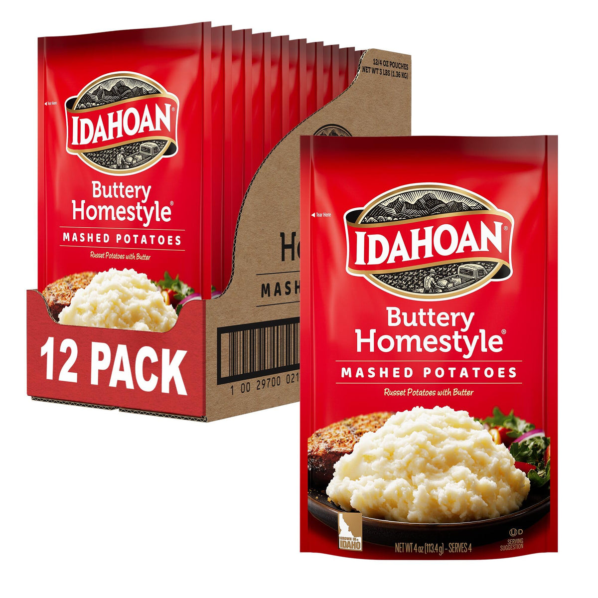 Idahoan Buttery Homestyle Mashed Potatoes pack front shows a pantry staple for home-style dinners.