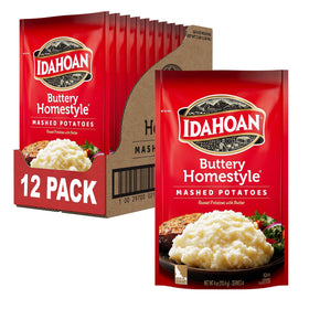 Idahoan Buttery Homestyle Mashed Potatoes pack front shows a pantry staple for home-style dinners.