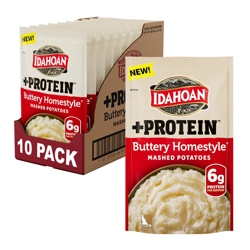 Idahoan Buttery Homestyle +Protein mashed potatoes pack of 10 pouches for easy protein-rich sides.