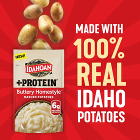 Prepared bowl of Idahoan Buttery Homestyle +Protein mashed potatoes with creamy texture in minutes.