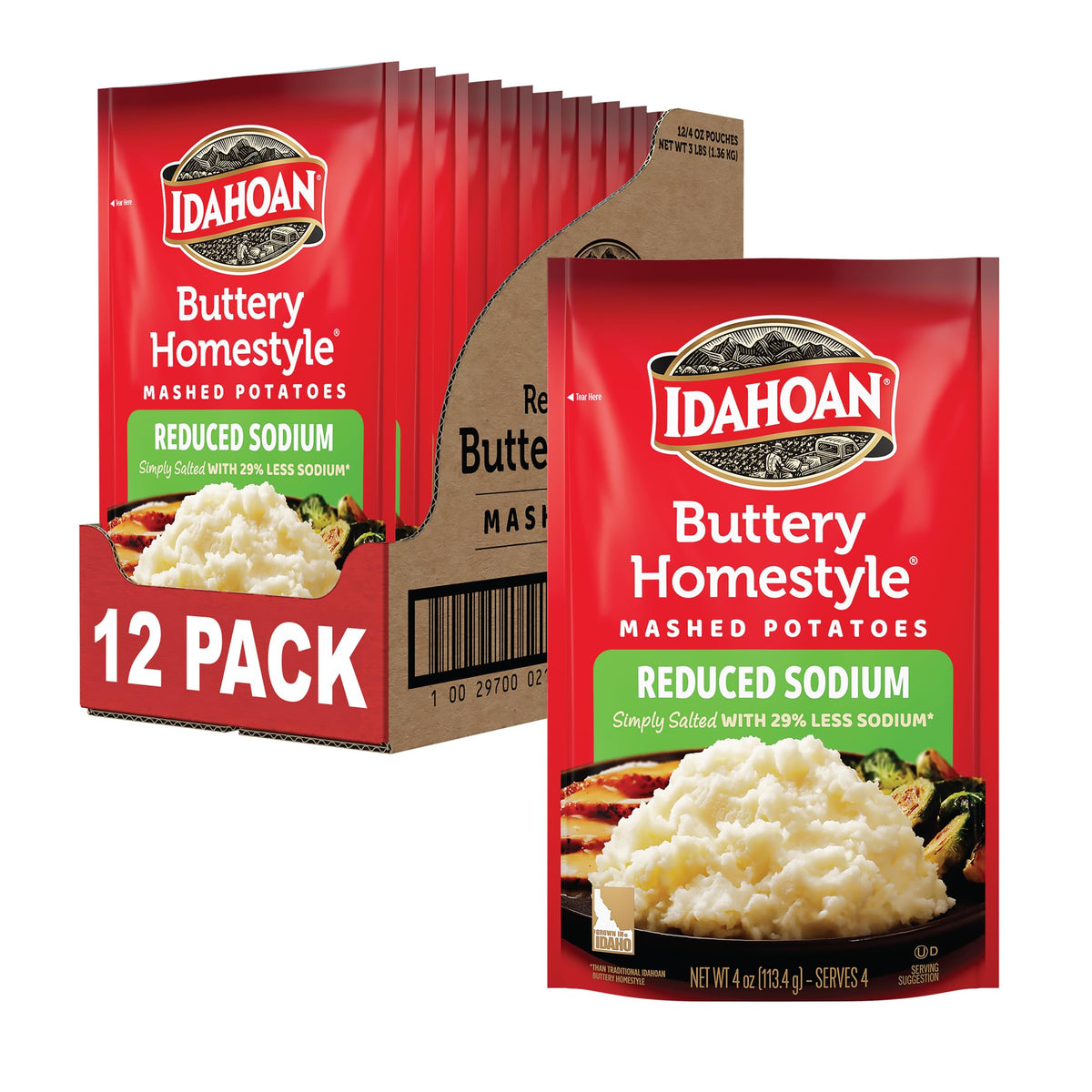 Idahoan Buttery Homestyle Reduced Sodium Mashed Potatoes pack-12 ready for quick meals