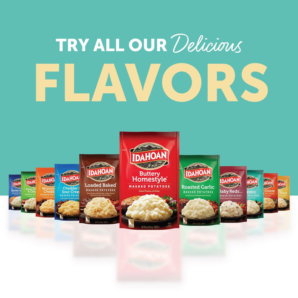 Idahoan Classic Mashed Potatoes pairing with meat and vegetables for a hearty meal.