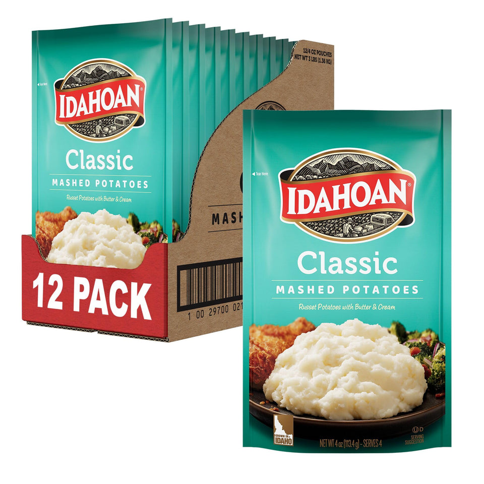 Idahoan Classic Mashed Potatoes packaging with a 12-pouch bundle for quick weeknight meals.