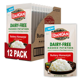 Idahoan dairy-free mashed potatoes pouch pour, quick side dish for weeknights.