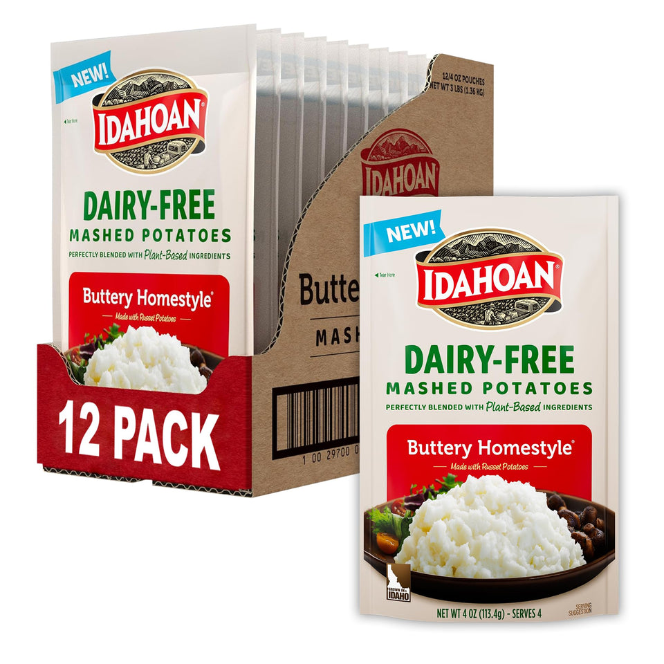 Idahoan dairy-free mashed potatoes pouch pour, quick side dish for weeknights.