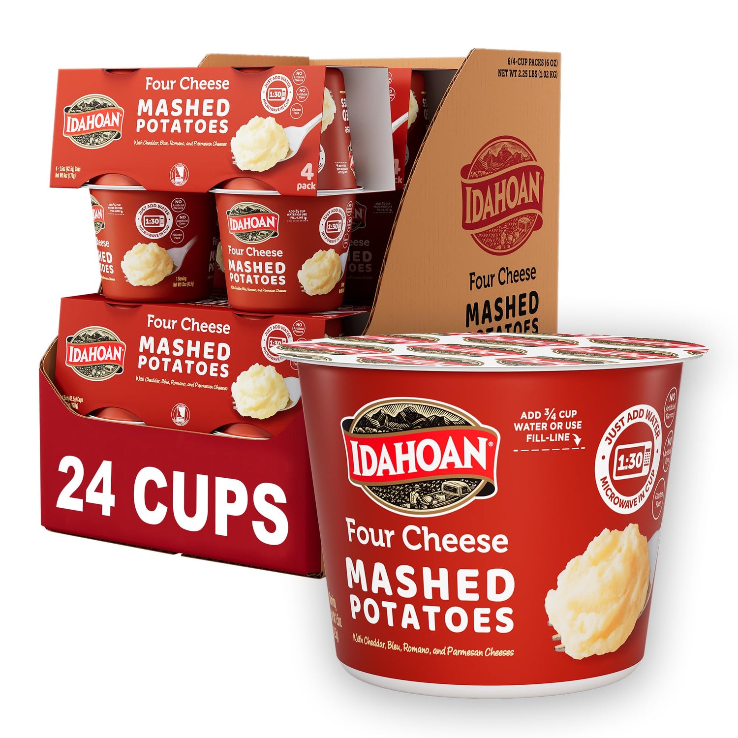 Idahoan Four Cheese Mashed Potatoes Cups pack for quick family meals.
