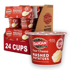Idahoan Four Cheese Mashed Potatoes Cups pack for quick family meals.