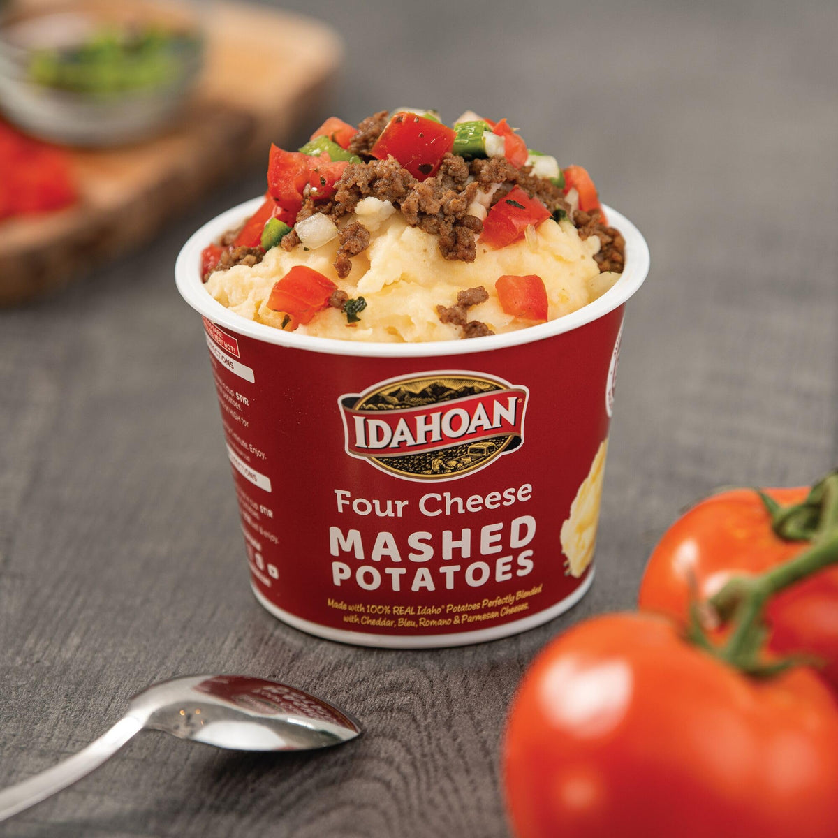 Packaging of Idahoan Four Cheese Mashed Potatoes Cups