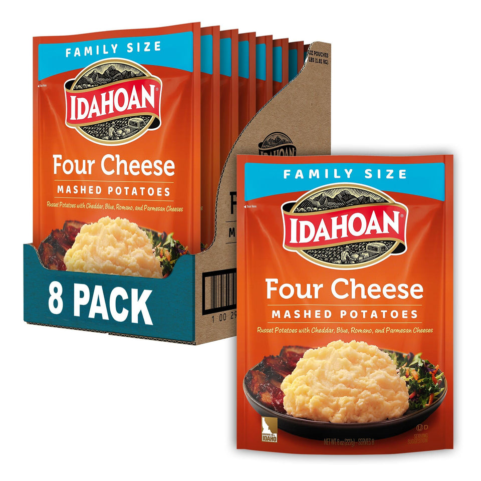 Idahoan Four Cheese mashed potatoes pouch-pack for quick family meals.