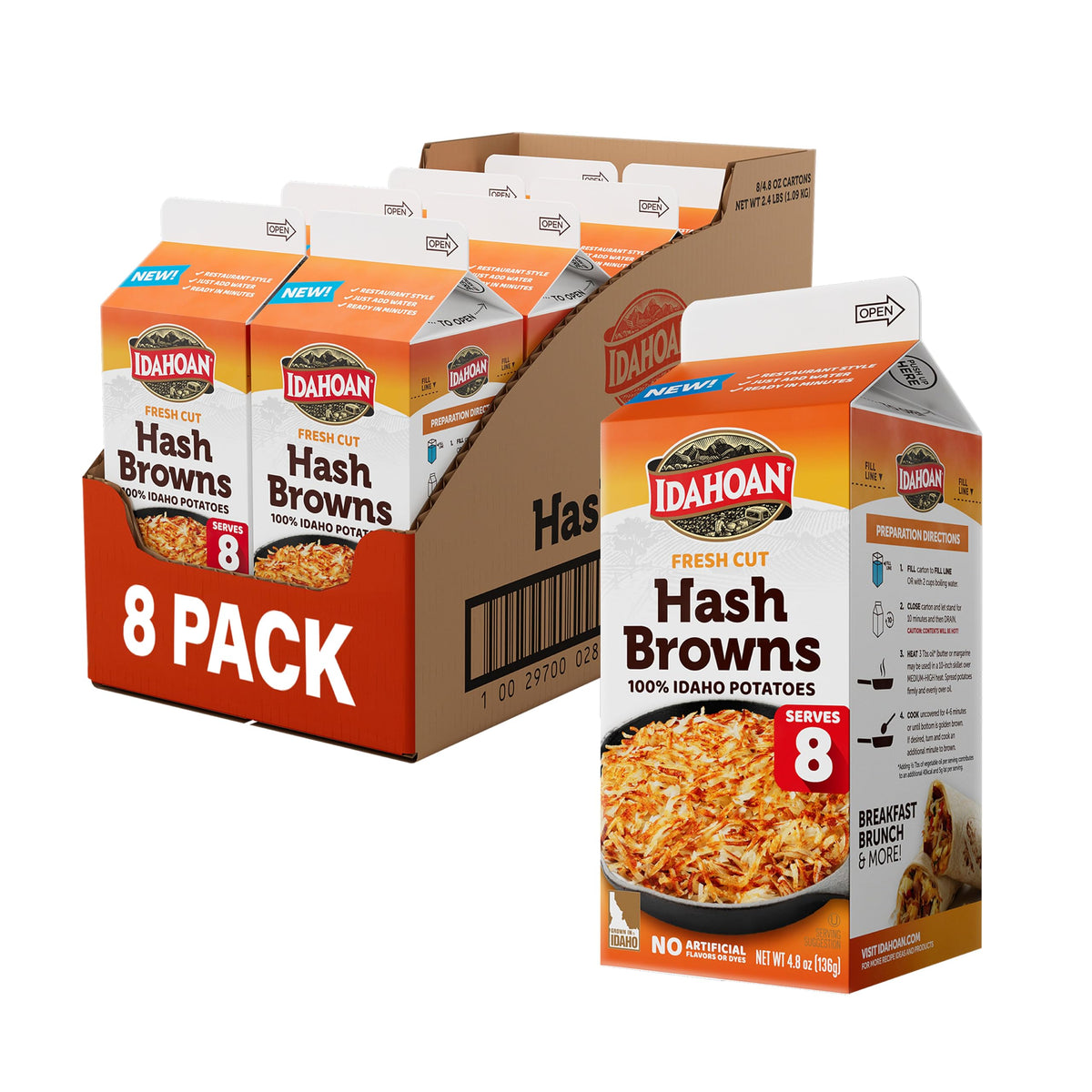 Idahoan Fresh Cut Hash Browns carton opened showing eight servings for quick breakfasts.