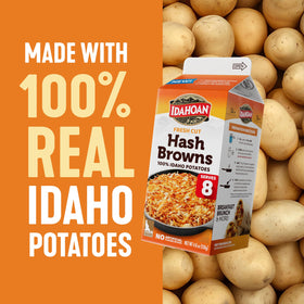 Idahoan hash browns sizzling in a skillet for a crisp side.