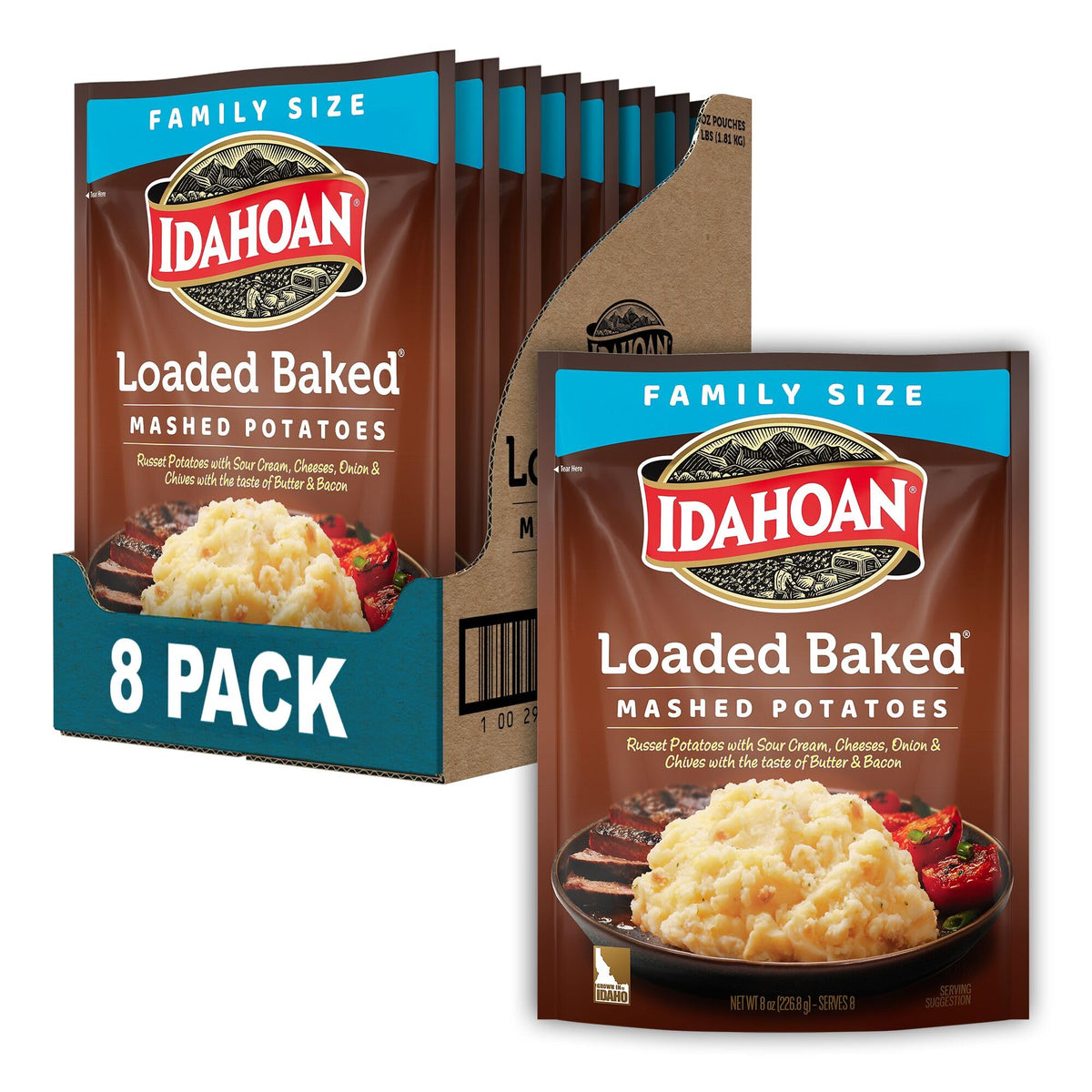 Idahoan Loaded Baked Mashed Potatoes pack of eight pouches ready for quick meals