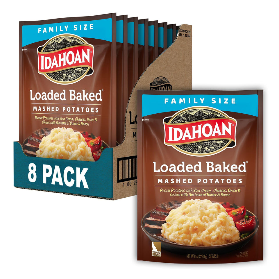 Idahoan Loaded Baked Mashed Potatoes pack of eight pouches ready for quick meals