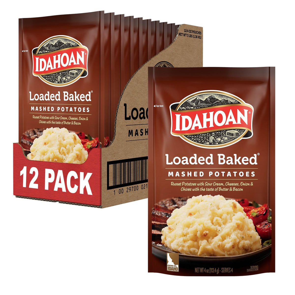 Idahoan Loaded Baked Mashed Potatoes pack on shelf for quick weeknight meals.