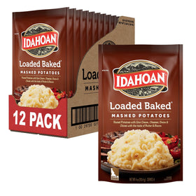 Idahoan Loaded Baked Mashed Potatoes pack on shelf for quick weeknight meals.