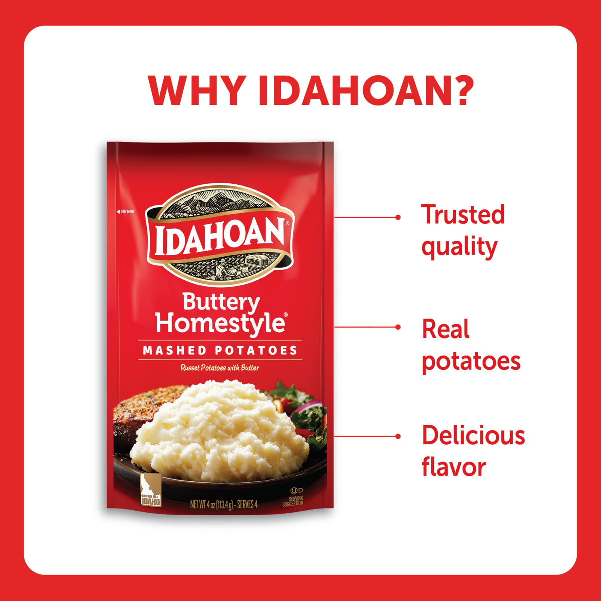 Idahoan real Idaho potatoes ingredient list highlights a potato-based base.