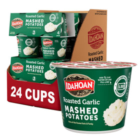 Idahoan Roasted Garlic Cup front label highlights real Idaho potatoes and convenience.