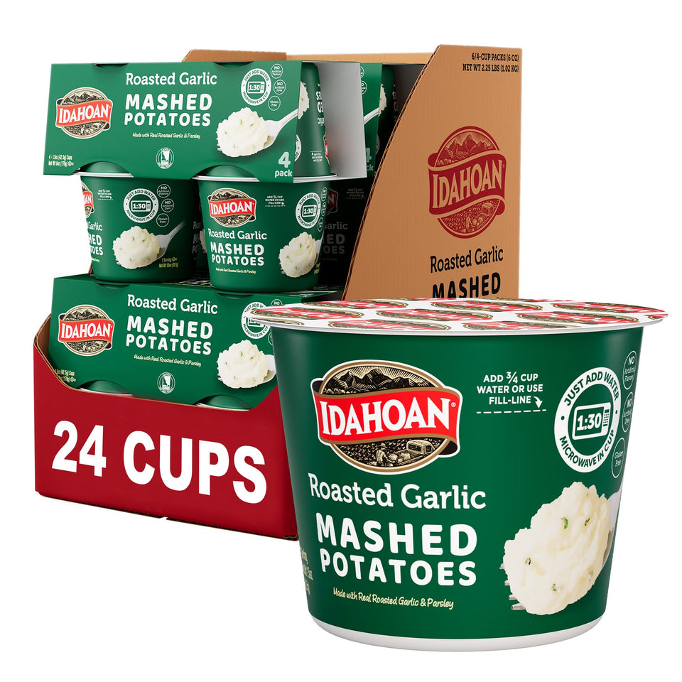 Idahoan Roasted Garlic Cup front label highlights real Idaho potatoes and convenience.
