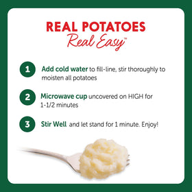 Idahoan Roasted Garlic Cup with water and stir action implies fast meal prep.