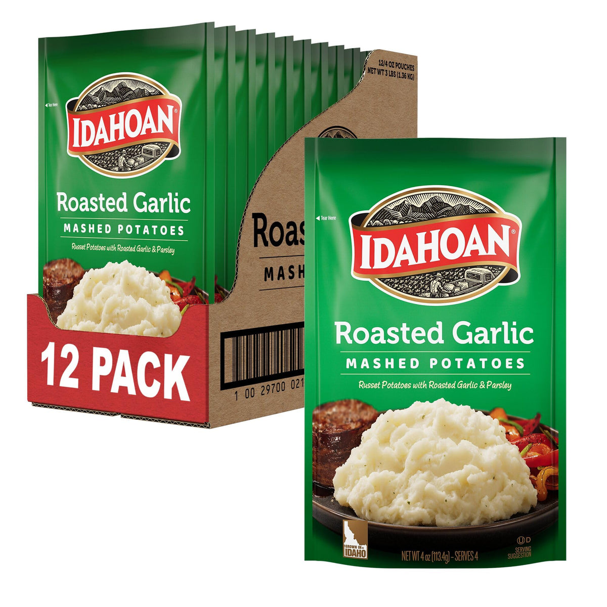 Idahoan Roasted Garlic Mashed Potatoes pouch ready to heat for a quick side