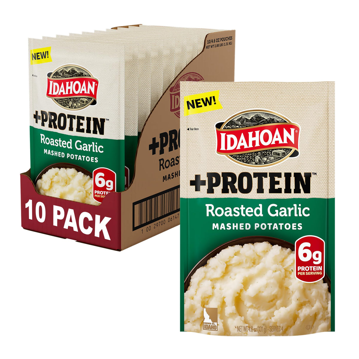 Idahoan Roasted Garlic +Protein mashed pouch front for quick, protein-rich sides.