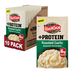 Idahoan Roasted Garlic +Protein mashed pouch front for quick, protein-rich sides.