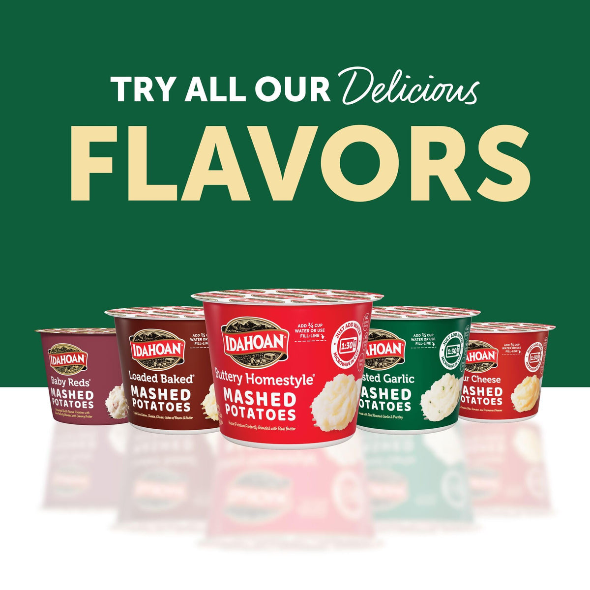 Garlic cloves imagery with Idahoan branding signals flavorful add-ons and sides.