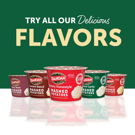 Garlic cloves imagery with Idahoan branding signals flavorful add-ons and sides.