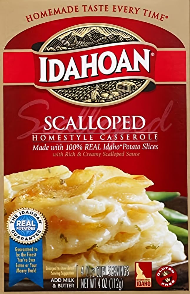 Idahoan scalloped homestyle casserole box 6-pack ready to bake, creamy family-friendly dinner base.