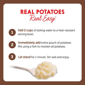Creamy texture with bacon bits in Idahoan Smoky Cheese & Bacon mashed potatoes, ideal side dish.
