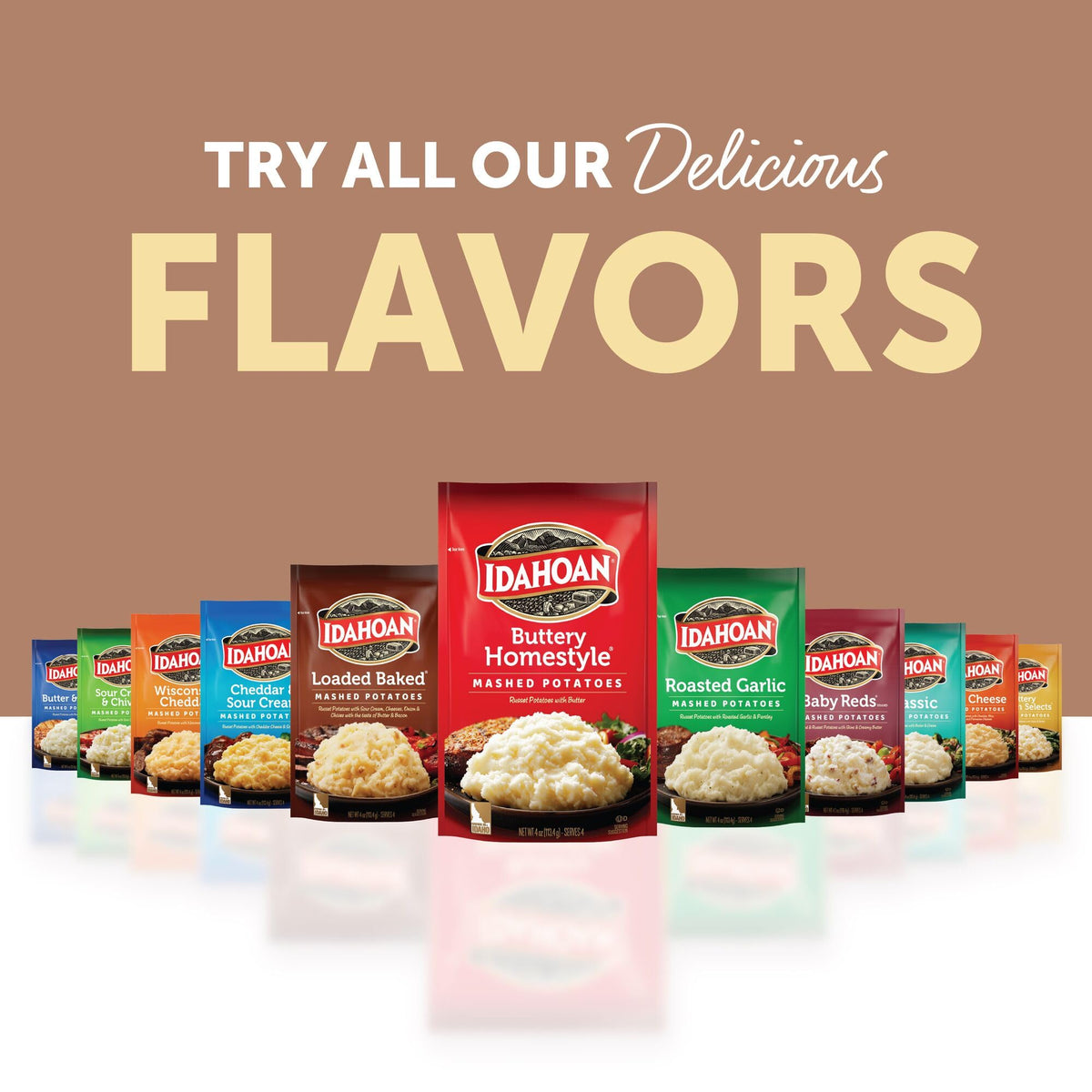 Idahoan Smoky Cheese & Bacon mashed potatoes served beside grilled steak for a hearty meal.