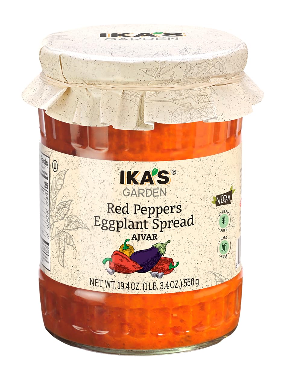 Ika’s Garden Ajvar jar featuring red peppers and eggplant, ready to spread on bread.