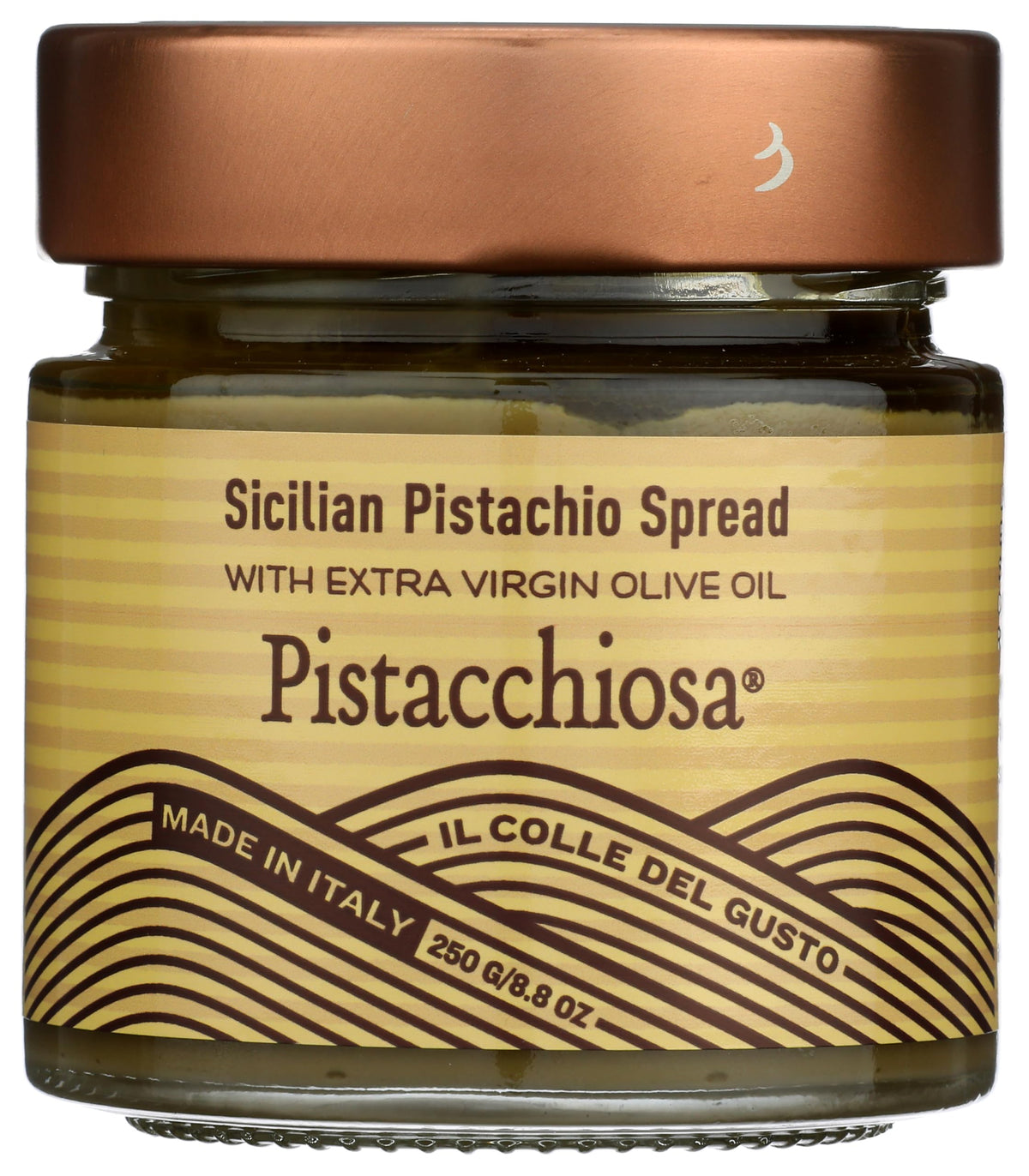 Il Colle Del Gusto Pistacchiosa jar open reveals glossy texture and versatile pistachio aroma.
