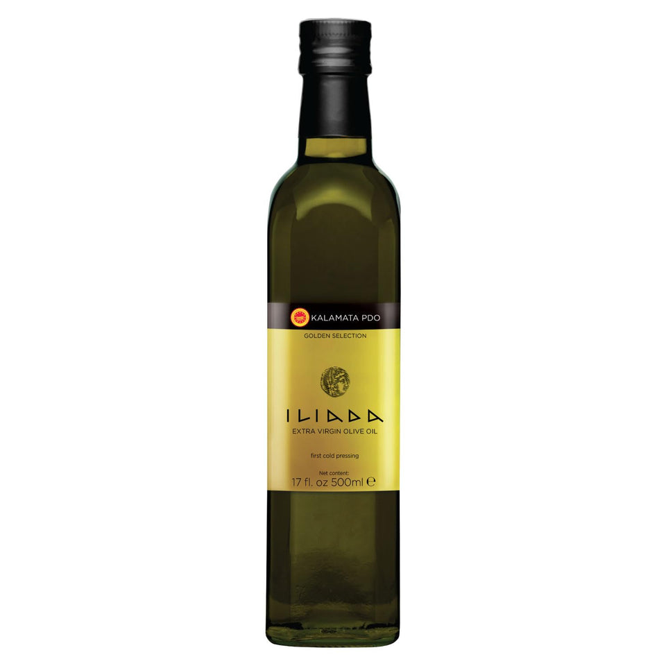 Iliada Kalamata PDO EVOO bottle showing premium flavor for cooking