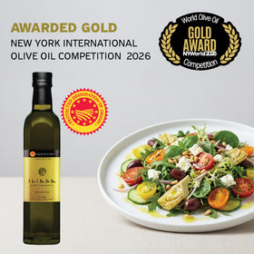 Iliada Kalamata PDO EVOO label closeup with traceability and origin