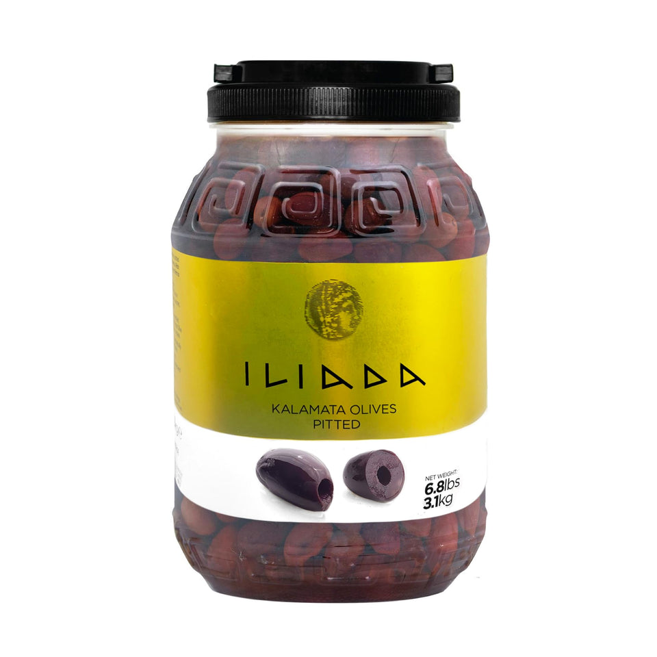 ILIADA Kalamata pitted olives in jar front showing premium quality in brine