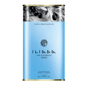 ILIADA Koroneiki olive oil bottle 3L pouring for fresh salads.