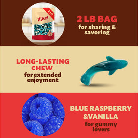 ILike! Blue Sharks gummies spilled in a colorful display inviting sampling.