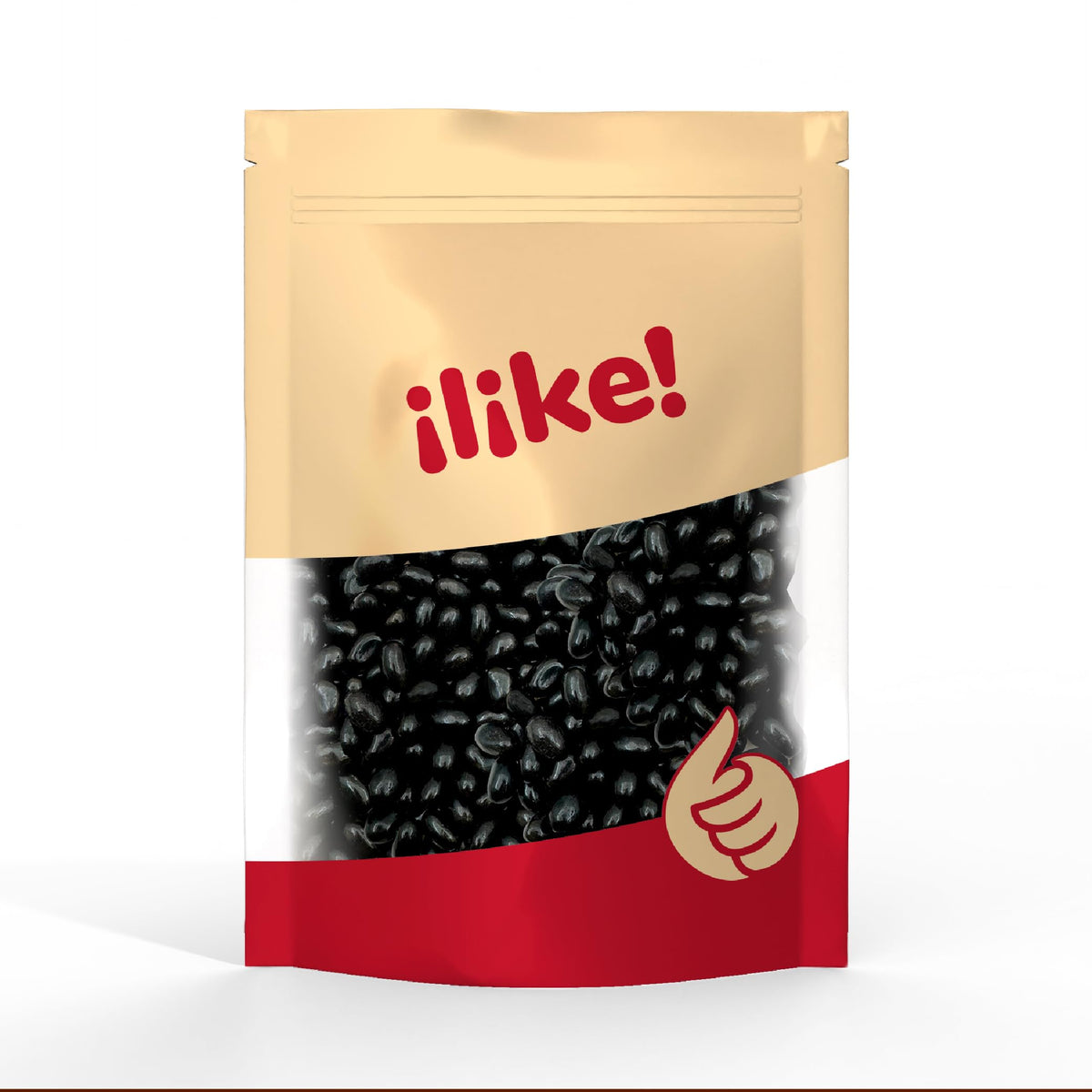ILIKE! Glossy black licorice jelly beans with a smooth shell for display and gifting.