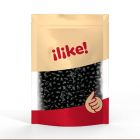 ILIKE! Glossy black licorice jelly beans with a smooth shell for display and gifting.