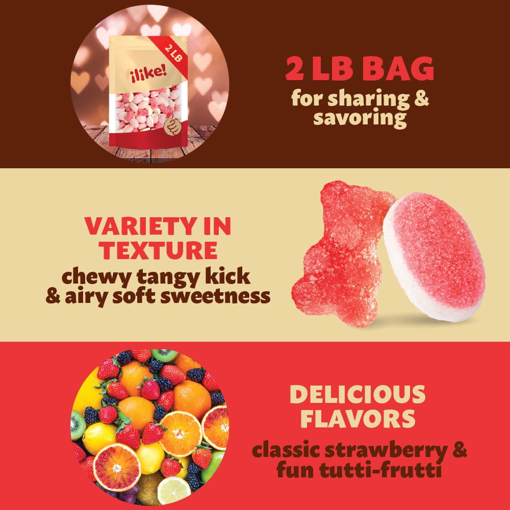 ILIKE! Fluffy Strawberry Gummies closeup highlighting airy texture and sweetness.