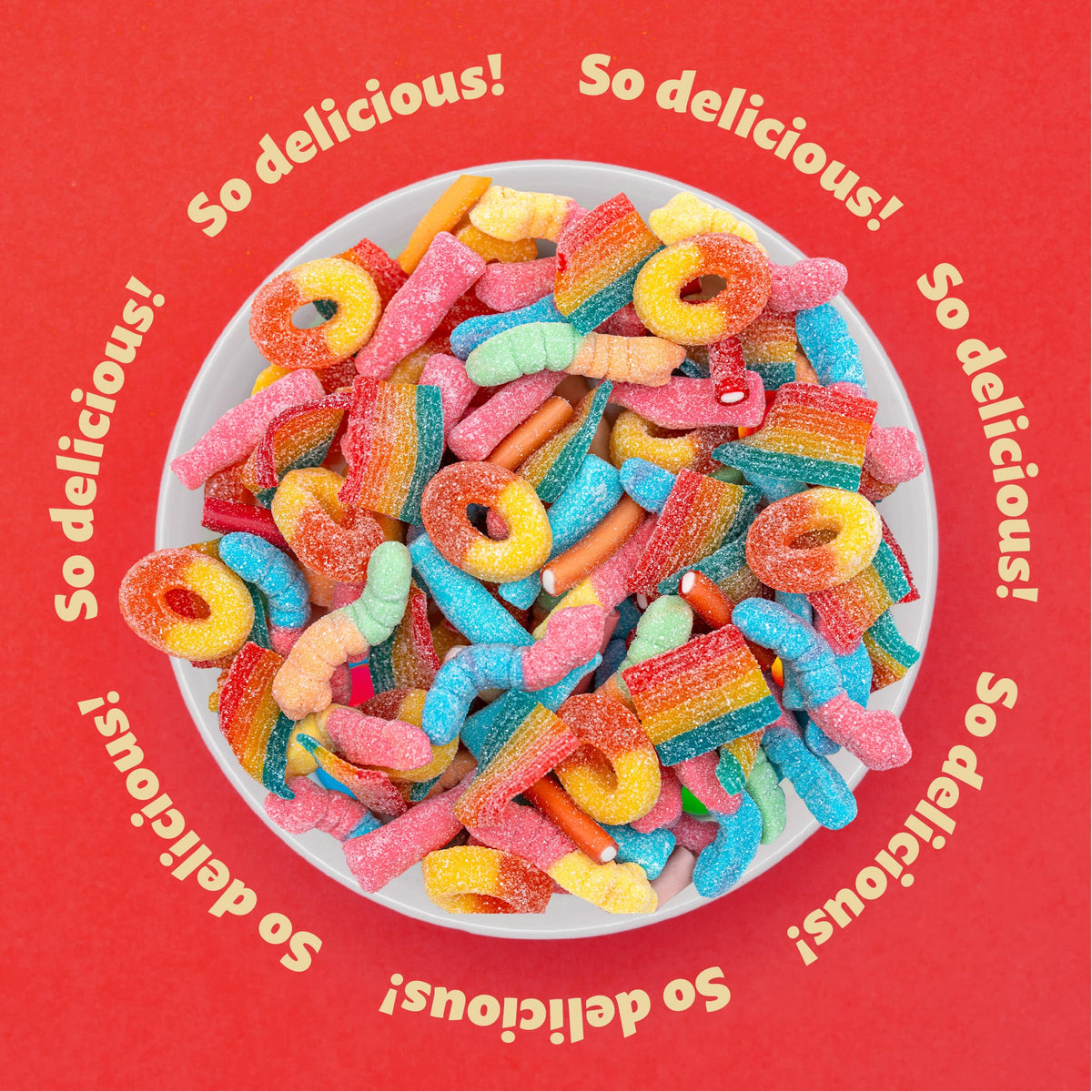 ILike! Mixed gummies display, vibrant assortment for snacking and candy buffets.