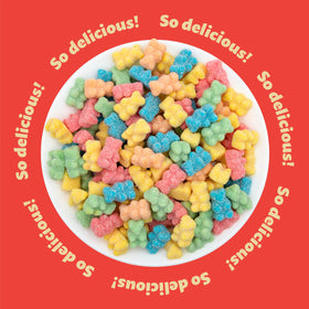 ILIKE! Neon Sour Gummi Bears close-up shows chewy texture and sugar coating.