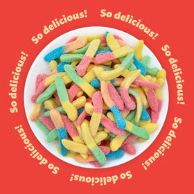 ILIKE! Neon Sour Gummy Worms served at a dessert table for fun.