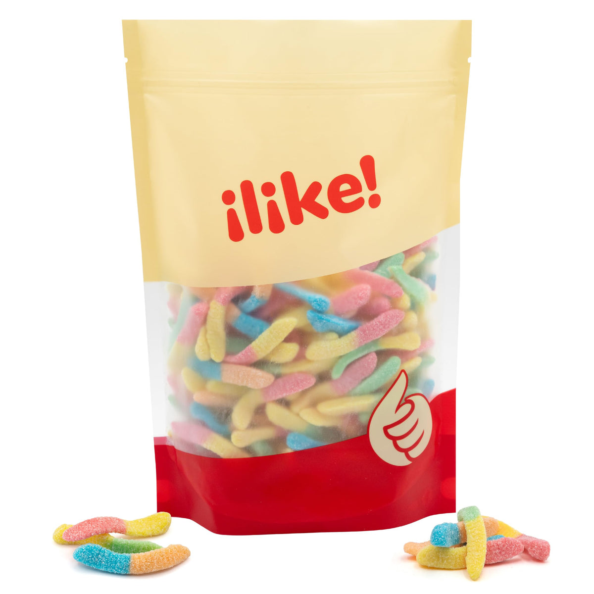 ILIKE! Neon Sour Gummy Worms with varied flavors ideal for party displays.