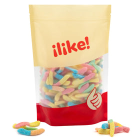 ILIKE! Neon Sour Gummy Worms with varied flavors ideal for party displays.