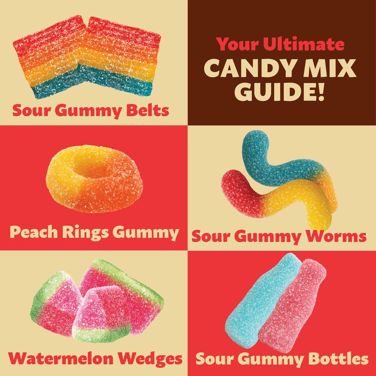 ILIKE! Peach rings and sour worms offering fruity flavors for snack bowls.