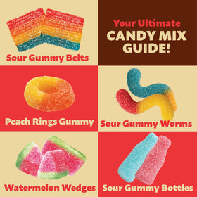 ILIKE! Peach rings and sour worms offering fruity flavors for snack bowls.